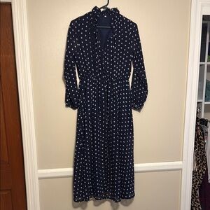 Blue and White Mock Neck Bishop Sleeve Dress